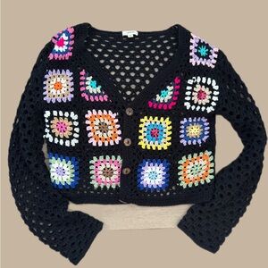 Black Crochet Square Cardigan Sweater - Multicolor Accents flower